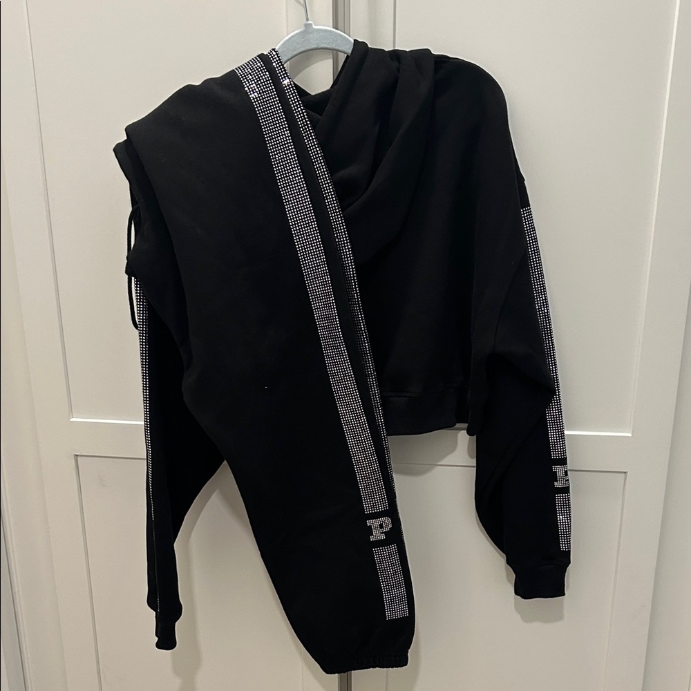 Pink Victorias Secret 2 piece set - Black Cropped Hoodie with Rhinestone Detail